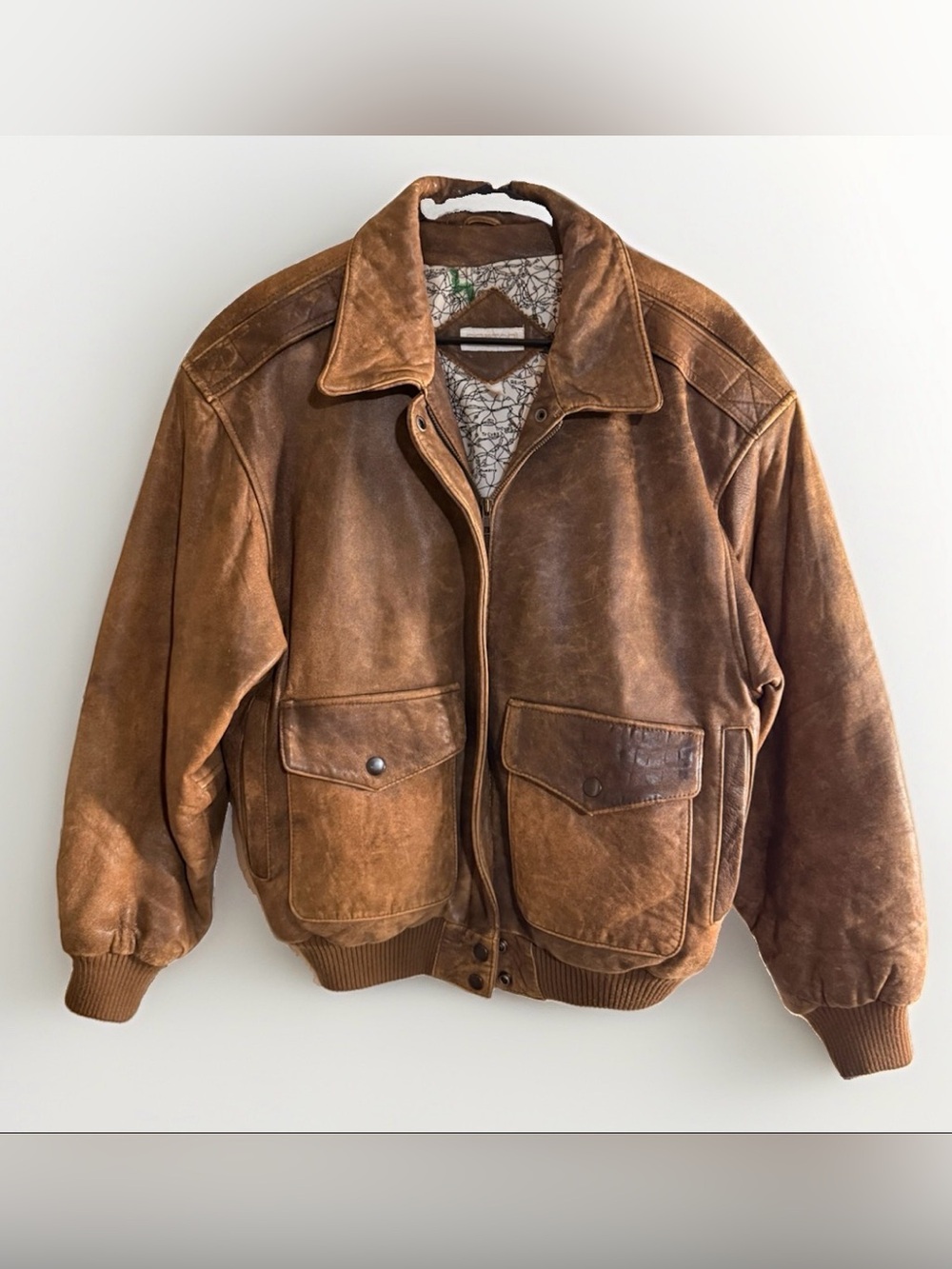 Ssatori Vintage Distressed Leather Bomber Jacket Map Lined M Brown Flight Coat